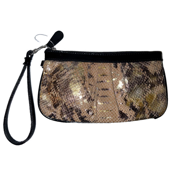 WILSONS LEATHER Purse Brown Bronze Snakeskin Leather Zip Case Mini Bag Wristlet - Picture 1 of 5
